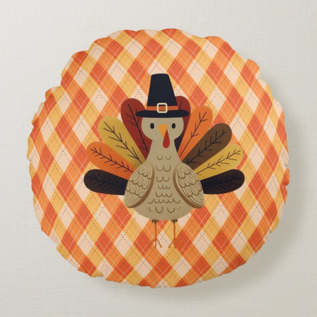 Söt, klassisk/retro Thanksgiving-kyckling Rund Kudde (Framsidan)