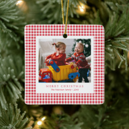 Söt klassisk röd gingham familjefoto jul julgransprydnad keramik