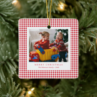 Söt klassisk röd gingham familjefoto jul julgransprydnad keramik
