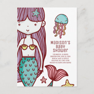 Söt klotter snygg sjöjungfru & maneter baby shower inbjudan vykort