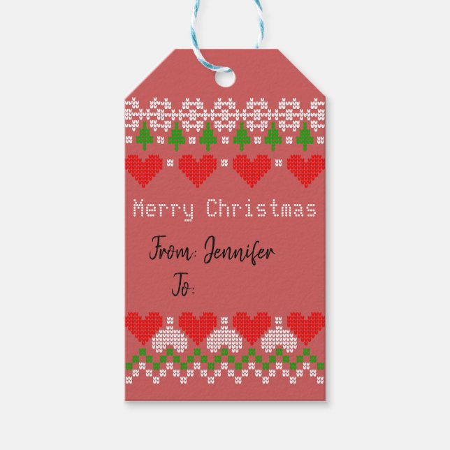 Söt Knittrådarn Skriv ut X Mas Sticka Mönster Red Presentetikett (Framsidan)