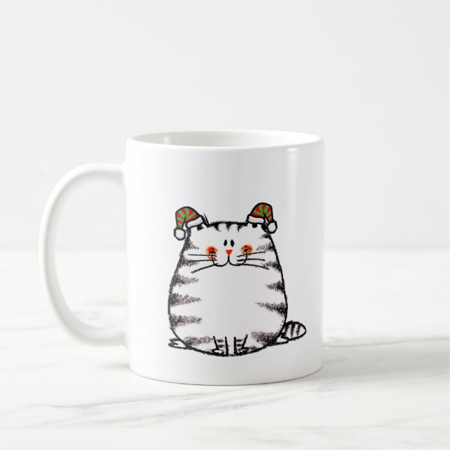 Söt knubbig katt med två julhattar kaffemugg (Vänster)