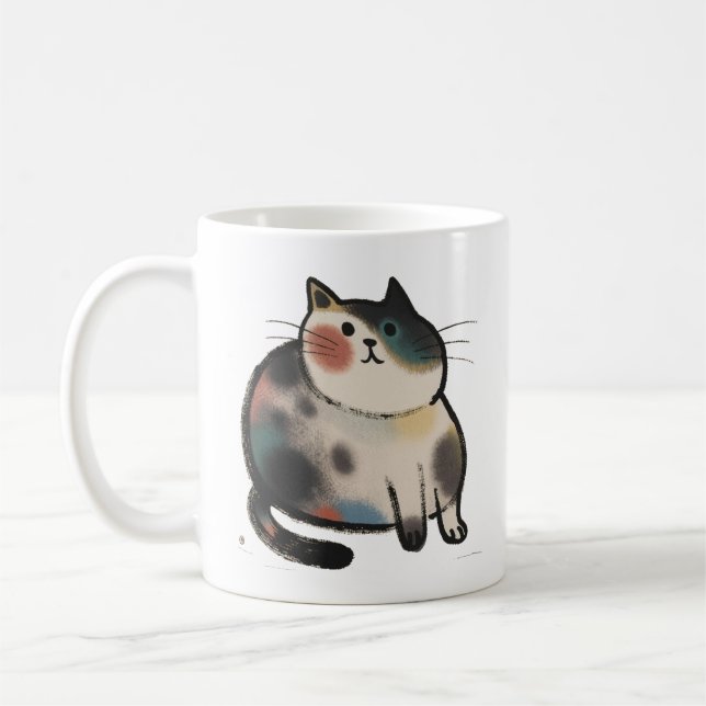 Söt, knubbig, trefärgad katt Handritad kaffemugg (Vänster)
