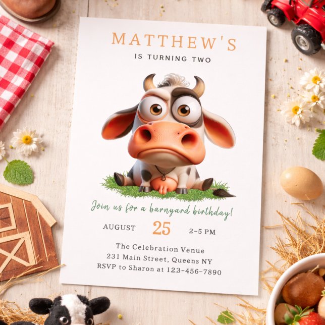Söt ko gårdsdjur 2-års födelsedagsfest inbjudningar (Cute Cow Farm Animals 2nd Birthday Party Invitation
)