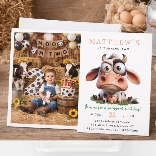 Söt ko gårdsdjur 2-års födelsedagsfest inbjudningar (Cute Cow Farm Animals 2nd Birthday Party Invitation
)