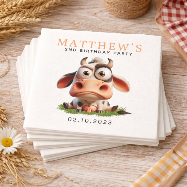 Söt ko gårdsdjur 2-års födelsedagsfest pappersservett (Cute Cow Farm Animals 2nd Birthday Party Paper napkins)