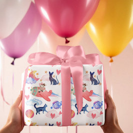 Söt ko i flygplan, rymden, katter, måne, fantasifu presentpapper
