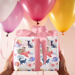 Söt ko i flygplan, rymden, katter, måne, fantasifu presentpapper