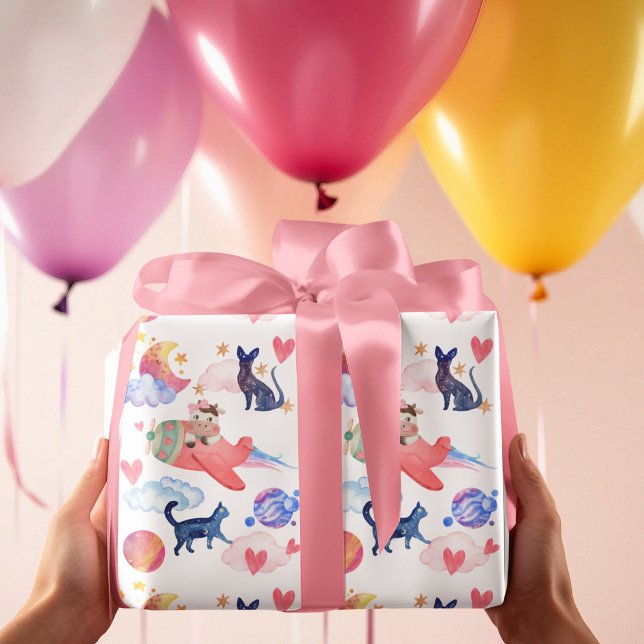 Söt ko i flygplan, rymden, katter, måne, fantasifu presentpapper (Skapare uppladdad)