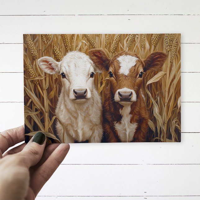 Söt ko kalvar majsfält vykort (Postcard with two calves in a corn field, being held by a hand over a white wood surface.)