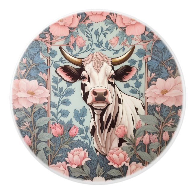 Söt ko med rosa blommig bakgrund knopp (Framsidan)