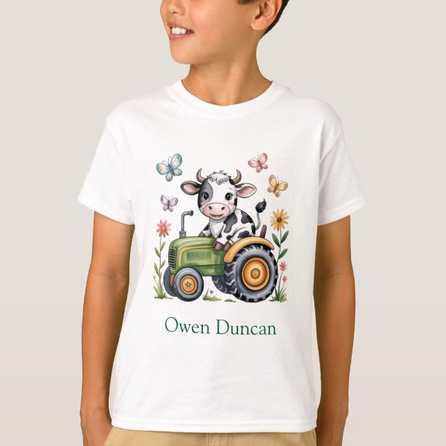 Söt ko på traktor pojkpresent t shirt (Framsida)