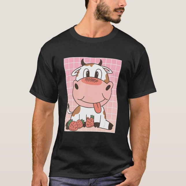 Söt ko som äter jordgubbar t shirt (Framsida)