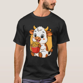 Söt ko som äter pommes frites Roligt Kawaii Djur M T Shirt