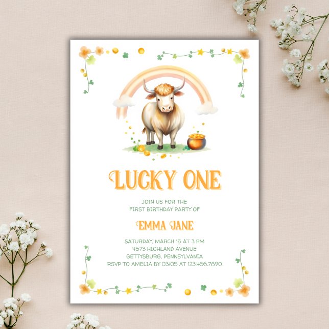 Söt ko St Patricks Day Lucky One 1-års födelsedag Inbjudningar (Cute Cow St. Patrick’s Day Lucky One 1st Birthday Invitation)