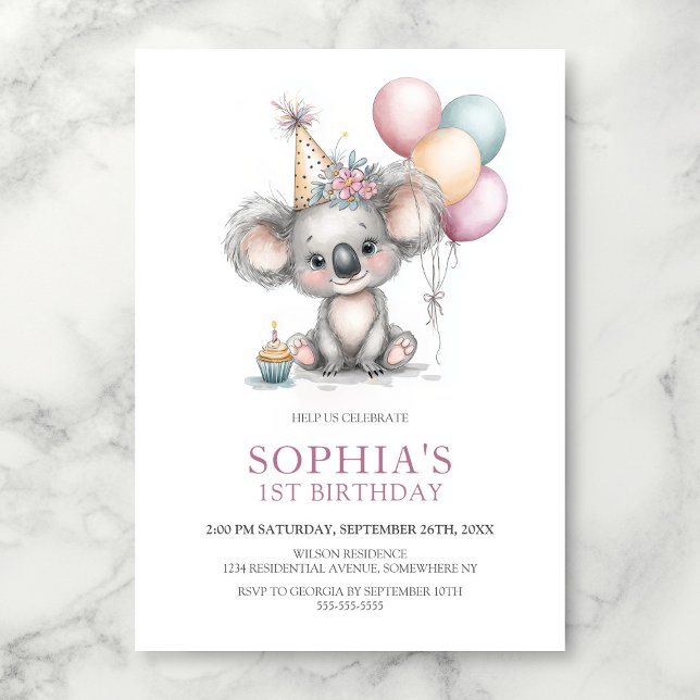 Söt Koala 1-års födelsedagsfest Inbjudningar (Skapare uppladdad)