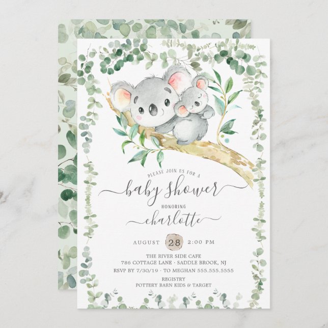 Söt Koala Bear Baby Shower-inbjudan Inbjudningar (Fram/baksida)
