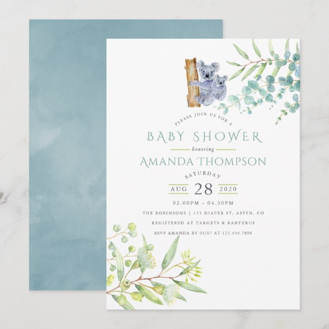 Söt Koala Björn Eukalyptusblad Baby Shower Inbjudningar (Fram/baksida)