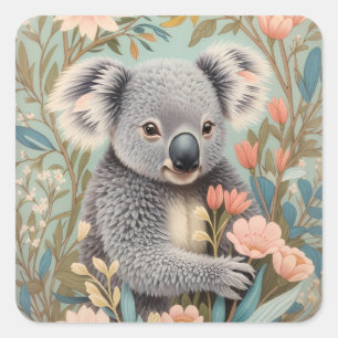 Söt Koala Elegant Pastell Blommig Fyrkantigt Klistermärke