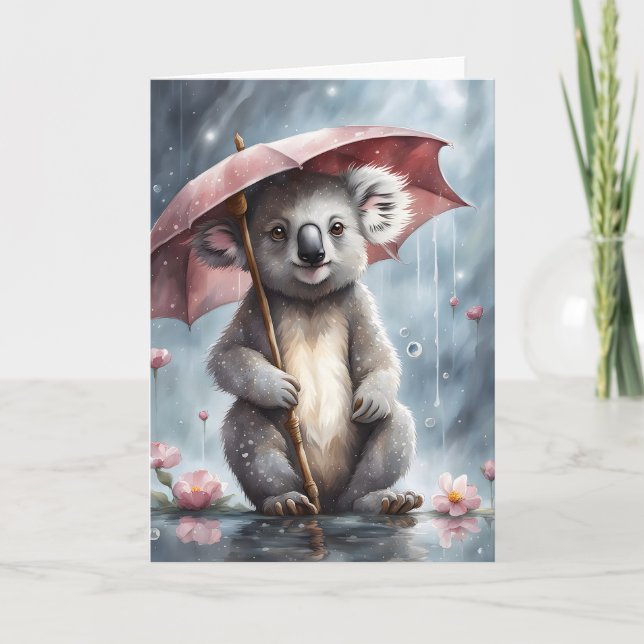 Söt Koala Paraply Blommor Illustration Tom Kort (Framsida)