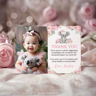Söt Koala Rosa Blommig Födelsedagsfest Foto Tack Kort