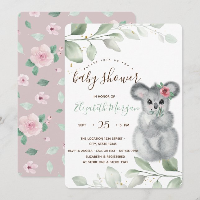 Söt Koala Roser Baby Shower Inbjudningar (Fram/baksida)