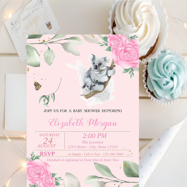 Söt Koalabjörn, blad, blommande baby shower Inbjudningar (Skapare uppladdad)