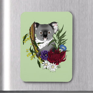 Söt Koalabjörn Grön Australisk Vilda Djur Blommig Magnet