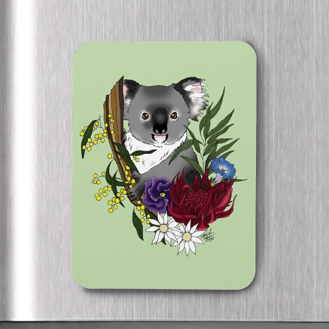 Söt Koalabjörn Grön Australisk Vilda Djur Blommig Magnet (Skapare uppladdad)
