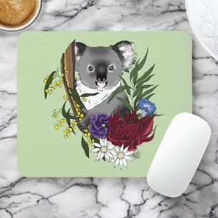 Söt Koalabjörn Grön Australisk Wildlife Blommig Musmatta