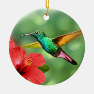 Söt kolibri med blomma julgransprydnad keramik