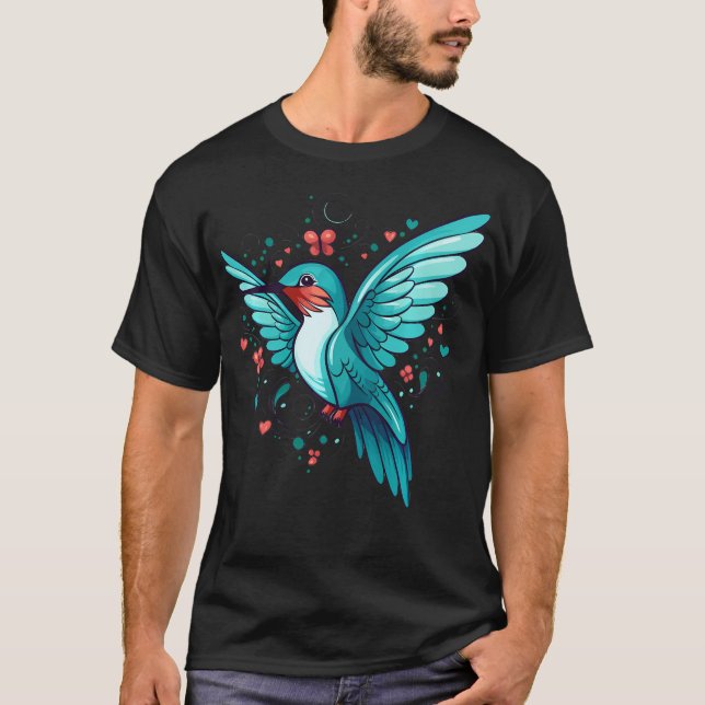 Söt kolibri med blommor I T Shirt (Framsida)