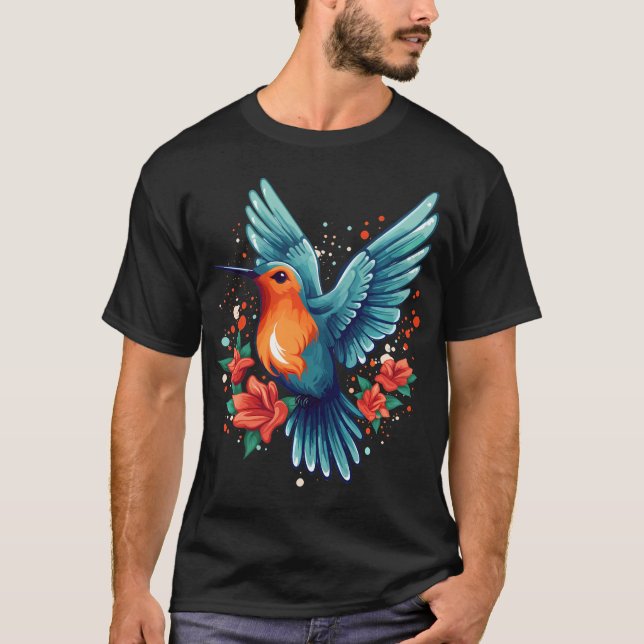 Söt kolibri med blommor I T Shirt (Framsida)