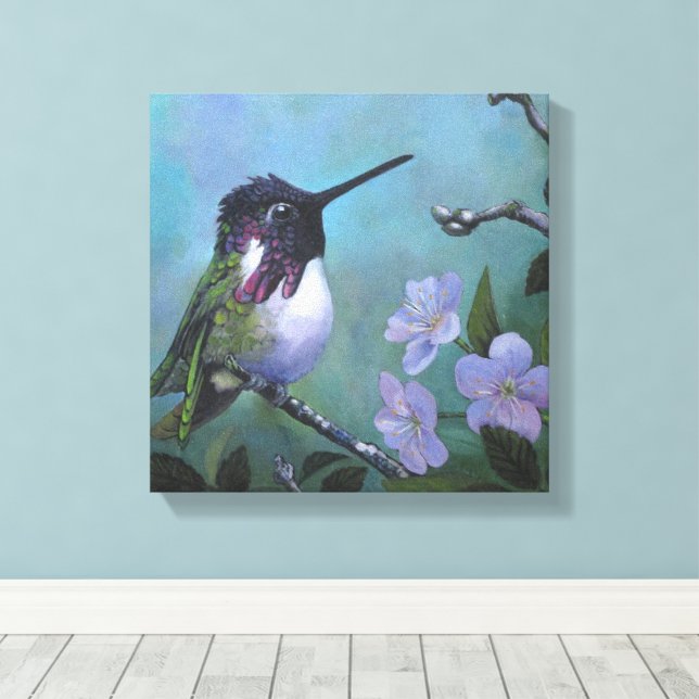 Söt kolibri väggdesign Blå blommor gren Canvastryck (Insitu (trägolv))
