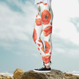 Söt konst Röd vit vallmo djärvt blommande akvarell Leggings