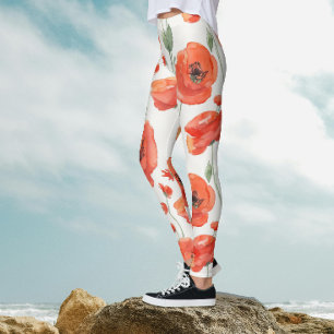 Söt konst Röd vit vallmo djärvt blommande akvarell Leggings