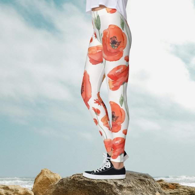 Söt konst Röd vit vallmo djärvt blommande akvarell Leggings (Skapare uppladdad)