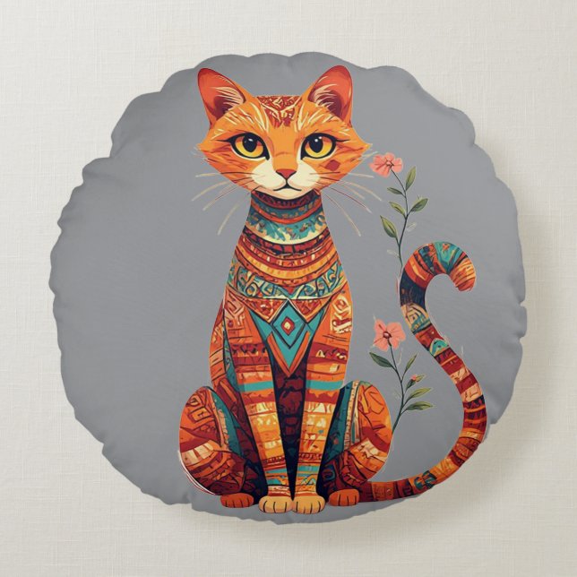 Söt konstnärlig katt med blomstergren rund kudde (Framsidan)