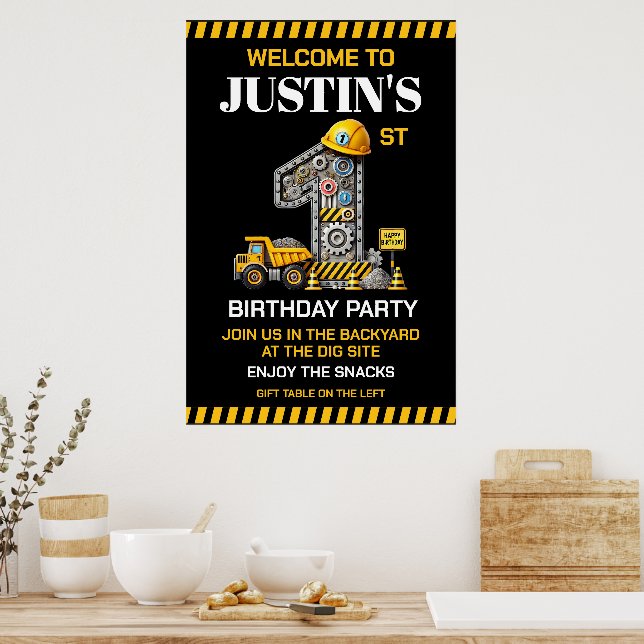 Söt konstruktion 1-års födelsedagsfest poster (Kök)