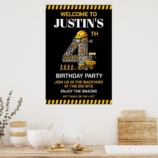 Söt Konstruktion 4-års Födelsedagsfest Poster (Kök)