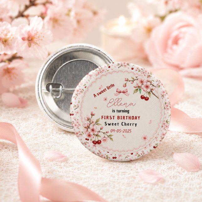 Söt Körsbärsblom 1-års födelsedagsfest för flicka Knapp (Sweet Cherry Blossom 1st Birthday girl Party Button
)