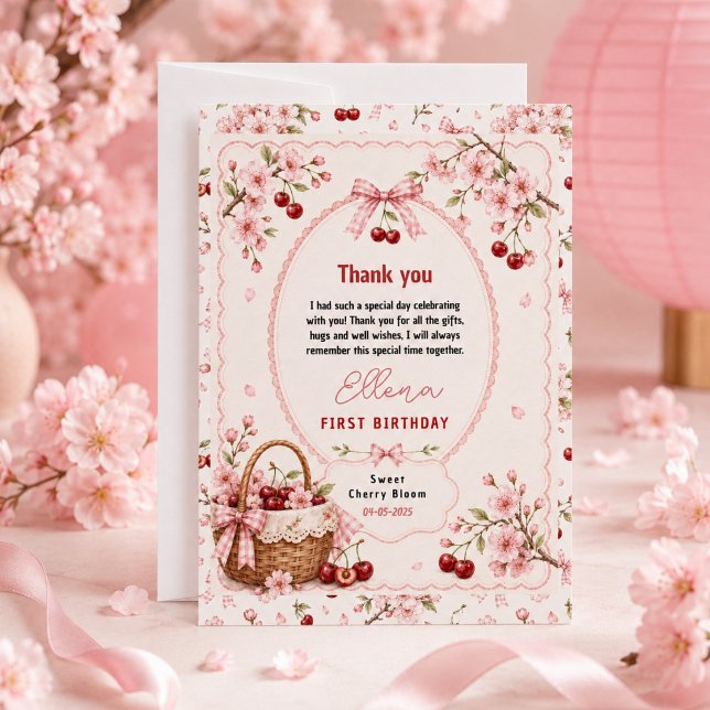 Söt Körsbärsblom 1-års födelsedagsfest för flickor Tack Kort (Sweet Cherry Blossom 1st Birthday girl Party Thank You Card
)