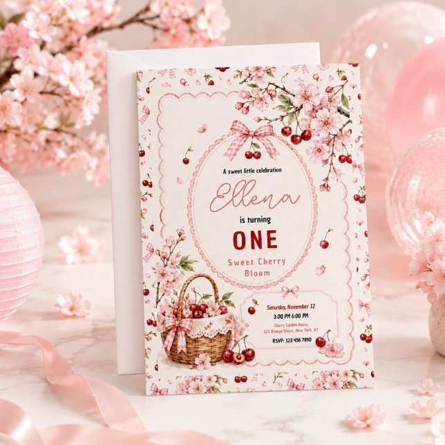 Söt körsbärsblommas 1-års födelsedagsfest för flic inbjudningar (Sweet Cherry Blossom 1st Birthday girl Party Invitation
)