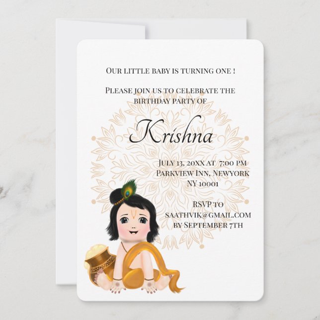Söt Krishna-kort för födelsedag - Baby Krishna Har Inbjudningar (Framsida)