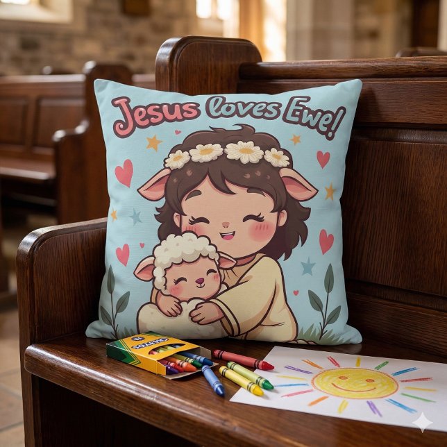 Söt kristen "Jesus älskar dig" Pastelldesign Kudde (Kawaii Christian Jesus Loves Ewe Pastel Design Throw Pillow Mockup A)