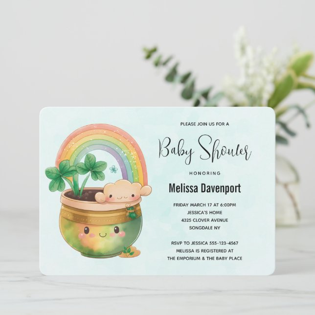 Söt kruka med regnbåge och klöver baby shower inbjudningar (Stående Fram)