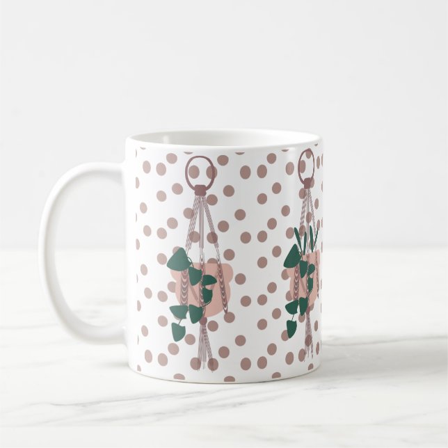 Söt krukväxt och prickig hängande makramé kaffemugg (Vänster)