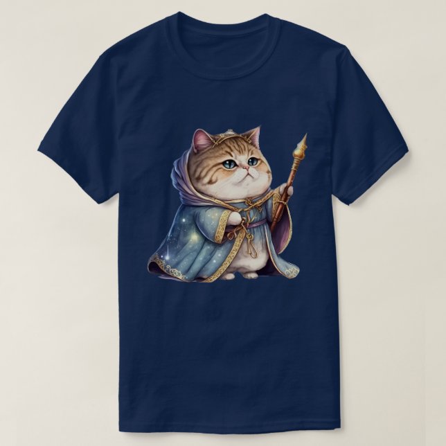 Söt kung-katt med blå jacka och guld krona t shirt (Design framsida)