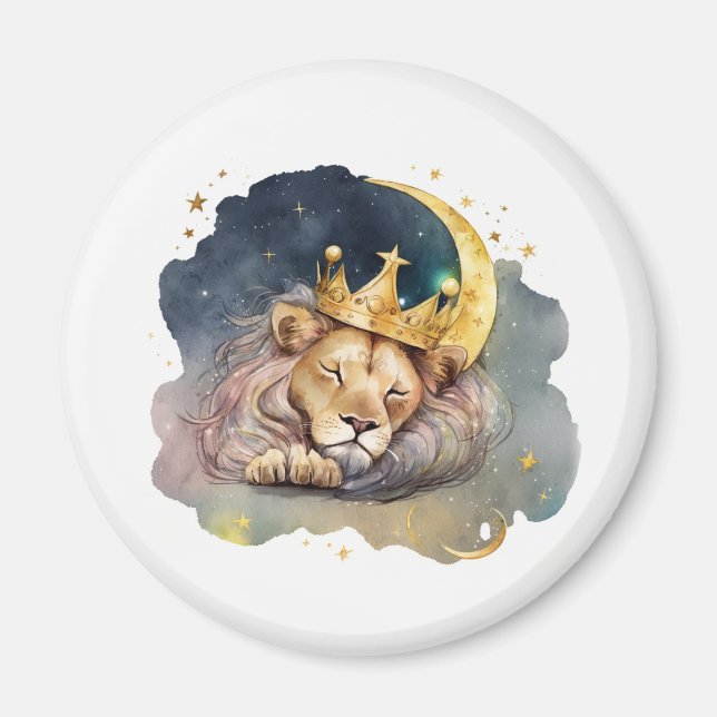 Söt kung Lion sitter och sover på månen Magnet (Framsidan)