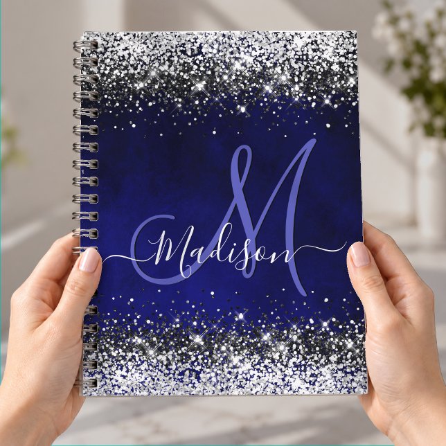 Söt kunglig blå silver falsk glittermonogram anteckningsbok (Skapare uppladdad)